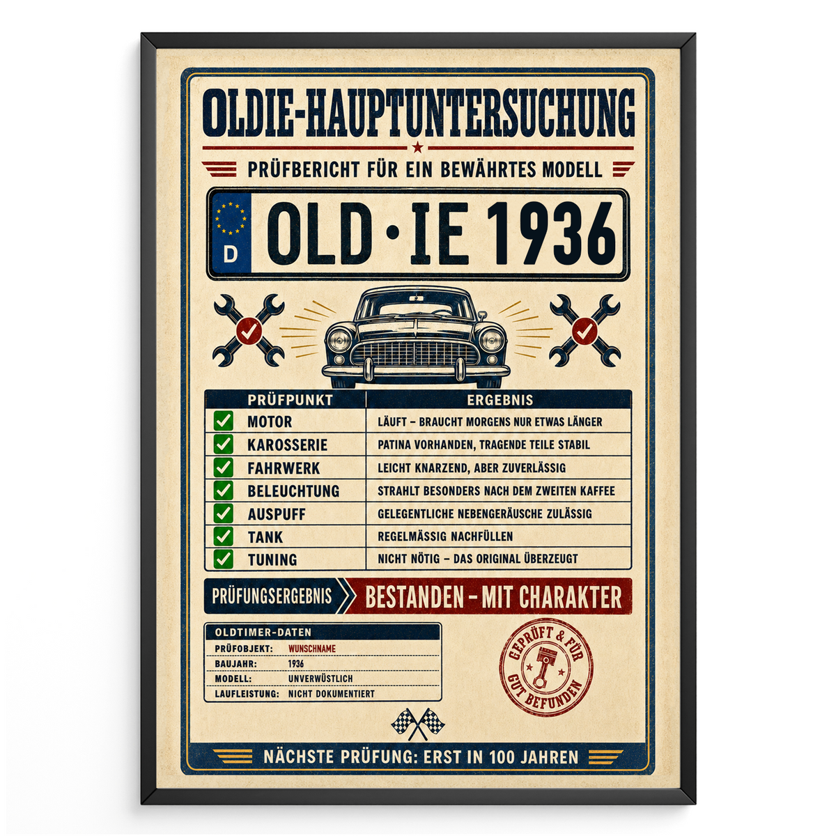 Oldie-Hauptuntersuchung 1936 als personalisiertes Poster mit schwarzem Rahmen