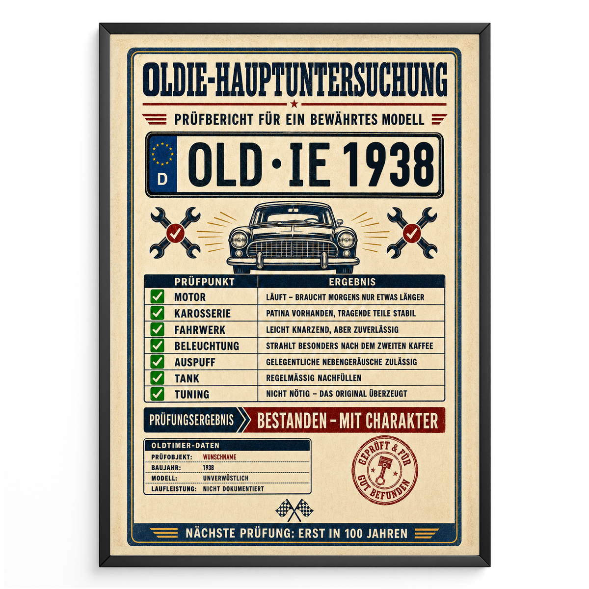 Oldie-Hauptuntersuchung 1938 als personalisiertes Poster mit schwarzem Rahmen