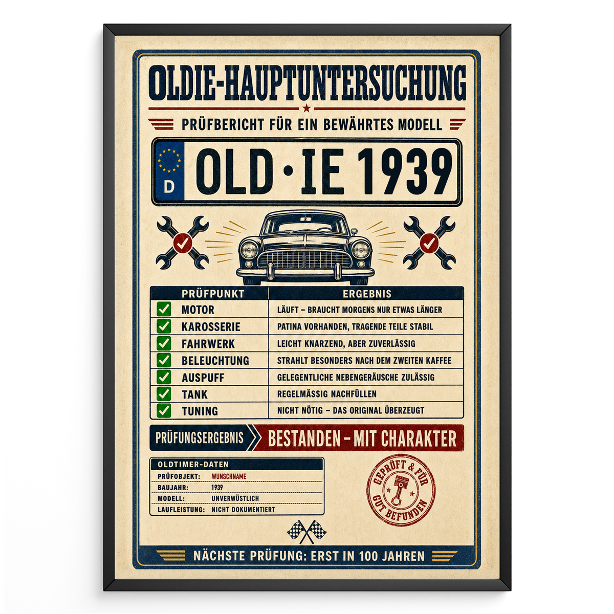 Oldie-Hauptuntersuchung 1939 als personalisiertes Poster mit schwarzem Rahmen