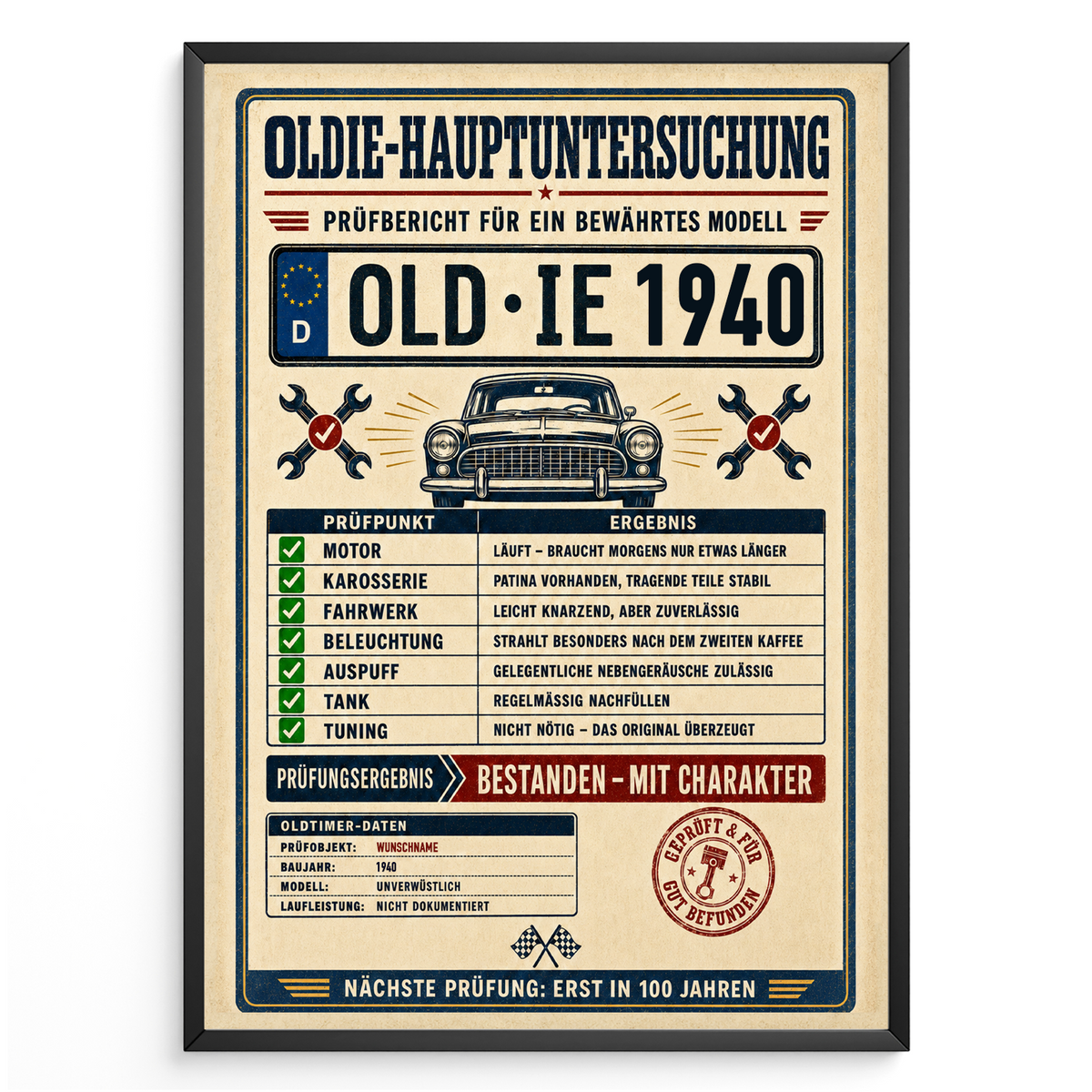 Oldie-Hauptuntersuchung 1940 als personalisiertes Poster mit schwarzem Rahmen