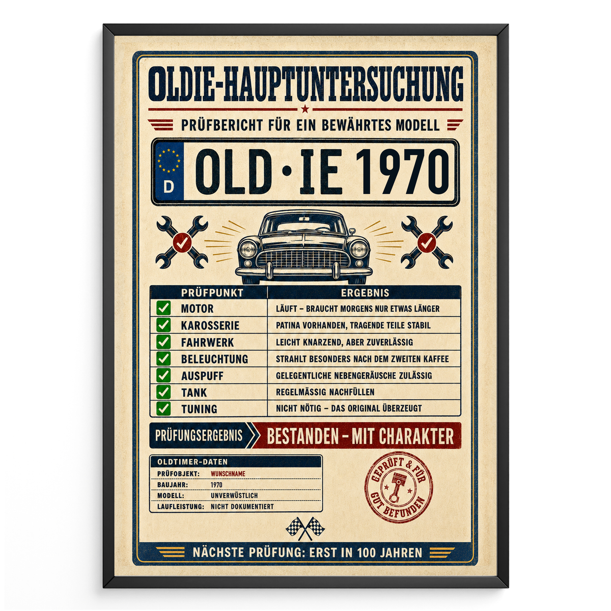 Oldie-Hauptuntersuchung 1970 als personalisiertes Poster mit schwarzem Rahmen