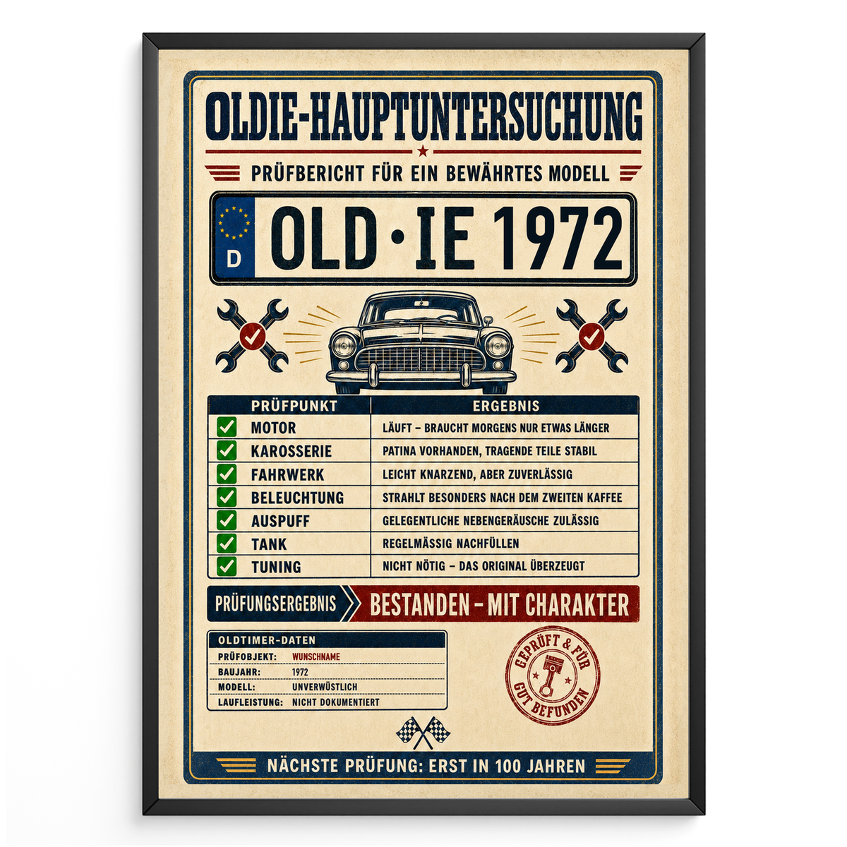 Oldie-Hauptuntersuchung 1972 als personalisiertes Poster mit schwarzem Rahmen