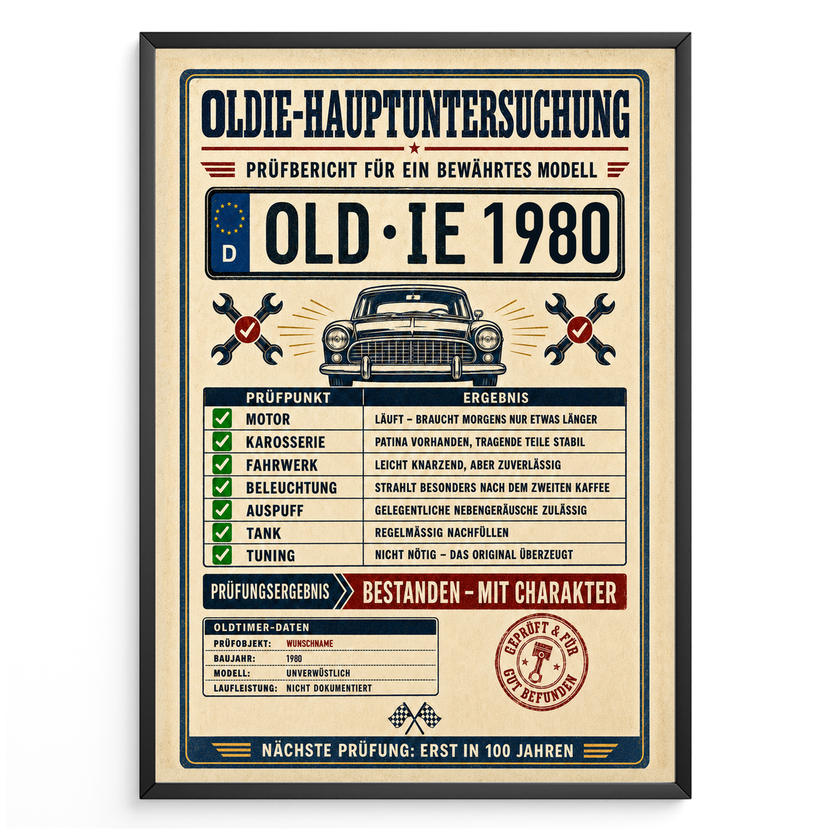 Oldie-Hauptuntersuchung 1980 als personalisiertes Poster mit schwarzem Rahmen