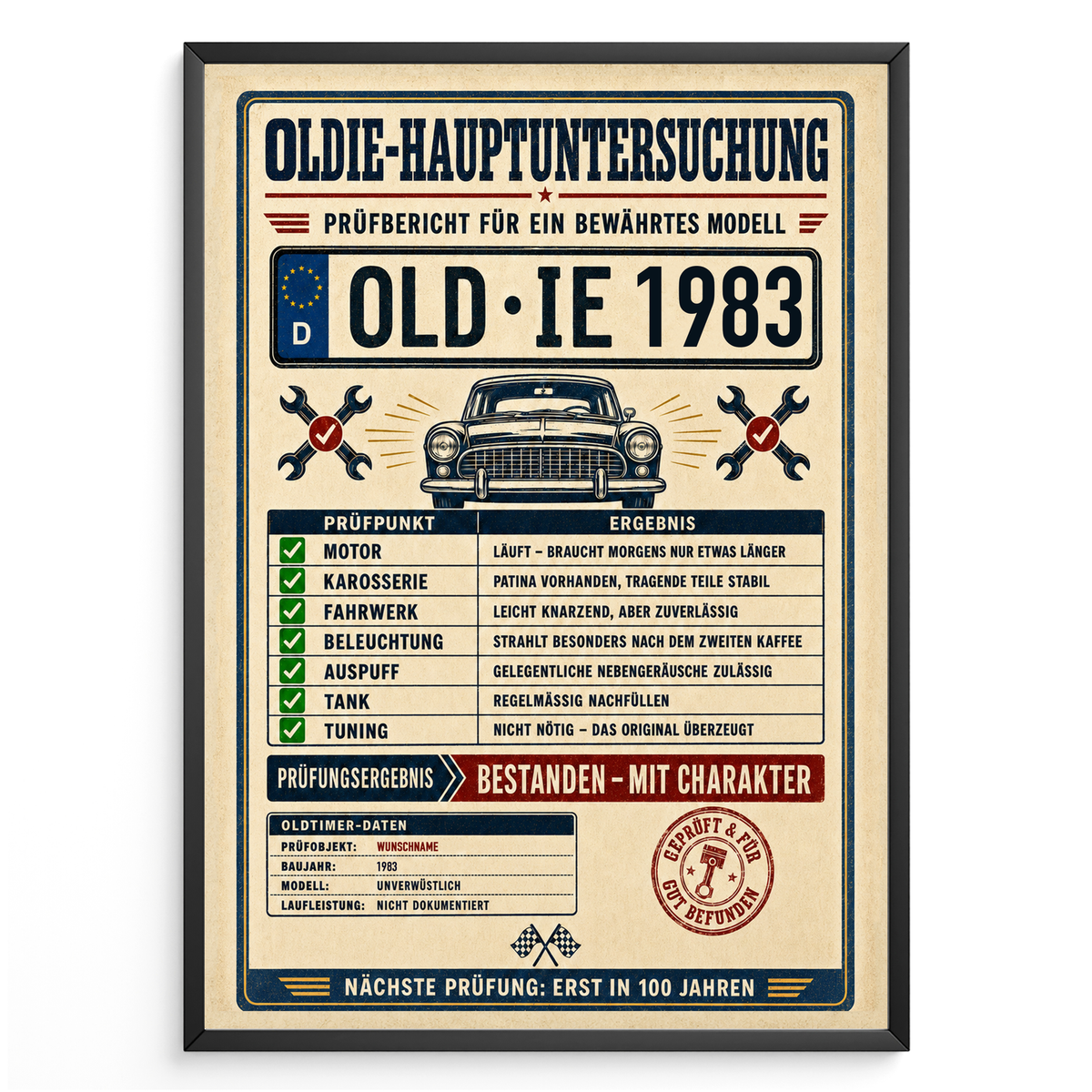 Oldie-Hauptuntersuchung 1983 als personalisiertes Poster mit schwarzem Rahmen