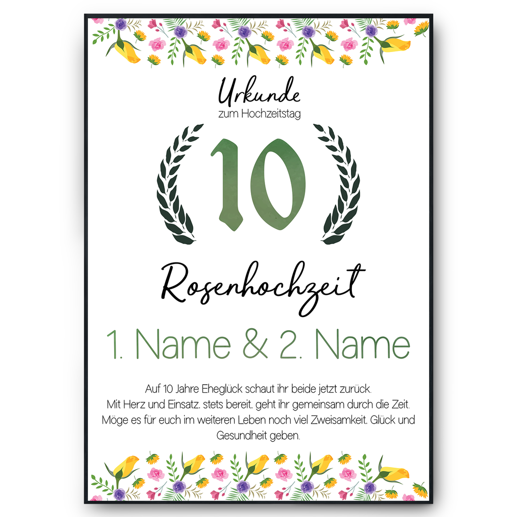 Rosenhochzeit Urkunde mit Namen – Geschenk zum 10. Hochzeitstag, personalisiert