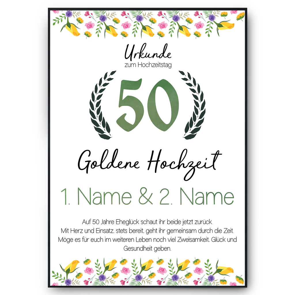 Goldene Hochzeit Urkunde mit Namen – Geschenk zum 50. Hochzeitstag, personalisiert