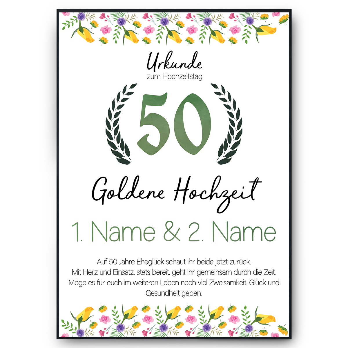 Goldene Hochzeit Urkunde mit Namen – Geschenk zum 50. Hochzeitstag, personalisiert
