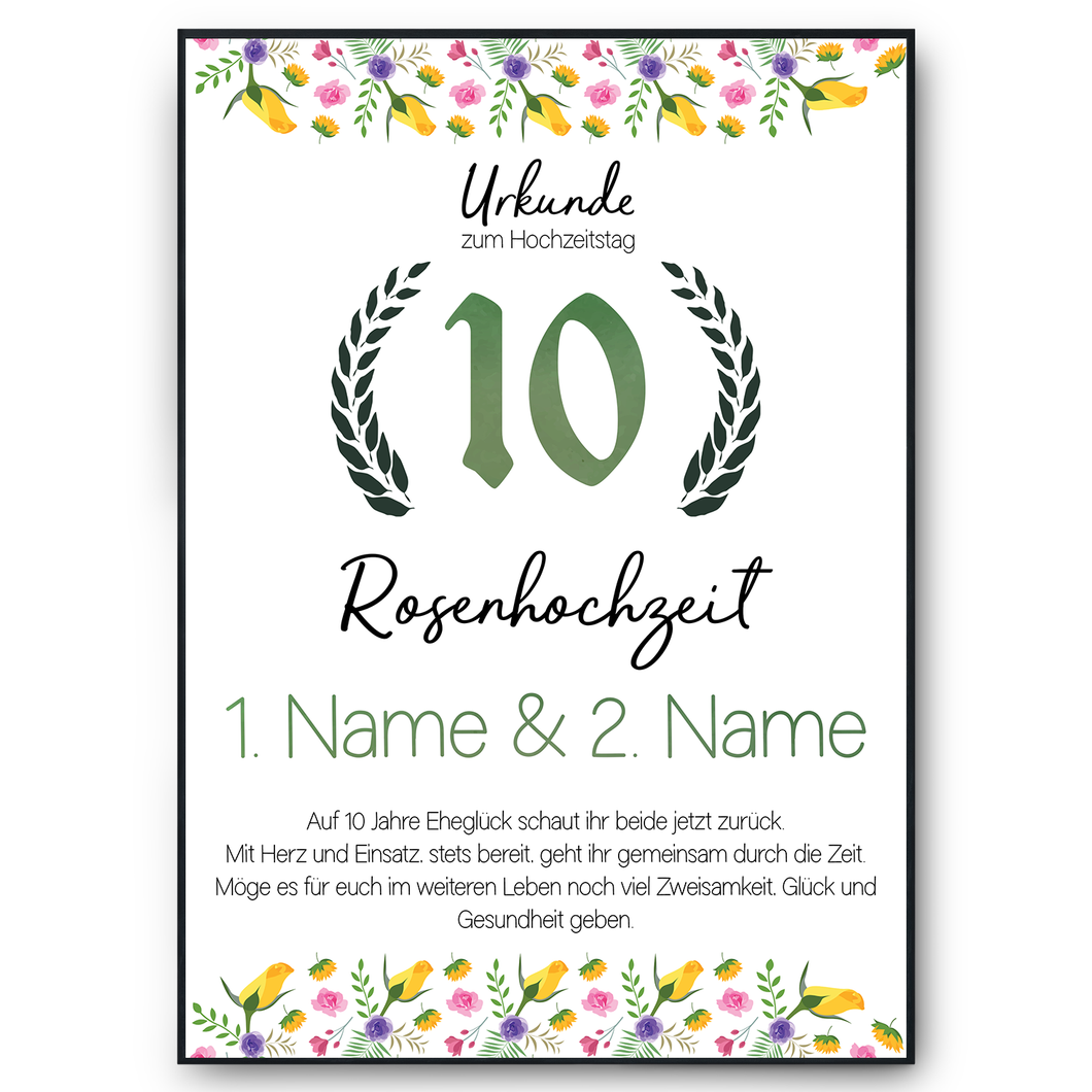 10. Hochzeitstag personalisiertes Geschenk Urkunde zur Rosenhochzeit Deko