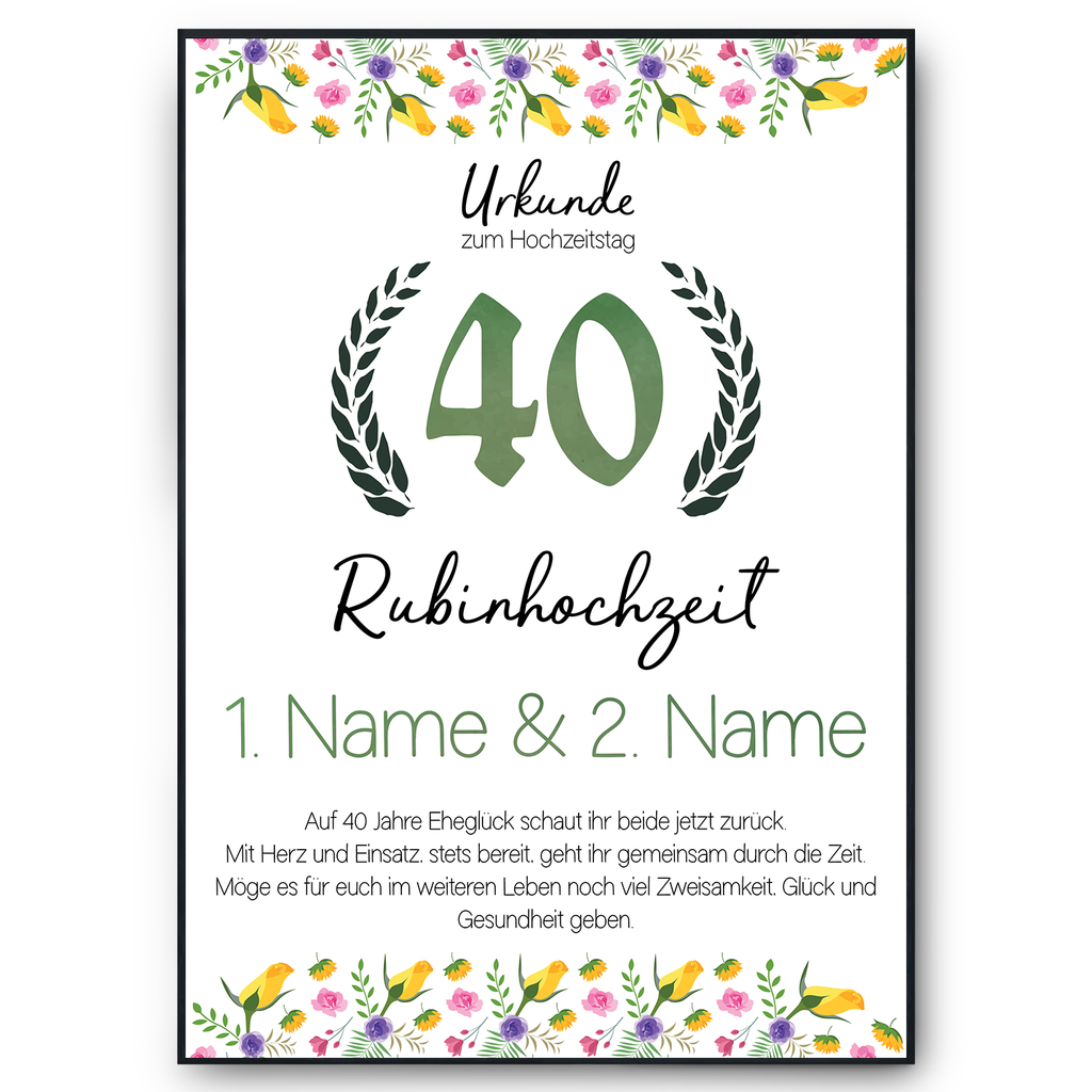 40. Hochzeitstag personalisiertes Geschenk Urkunde zur Rubinhochzeit Deko