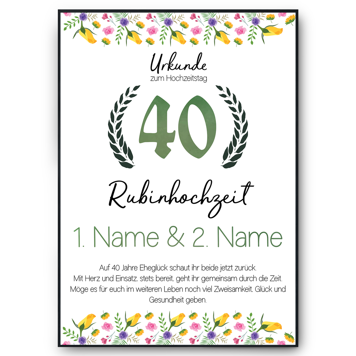 40. Hochzeitstag personalisiertes Geschenk Urkunde zur Rubinhochzeit Deko