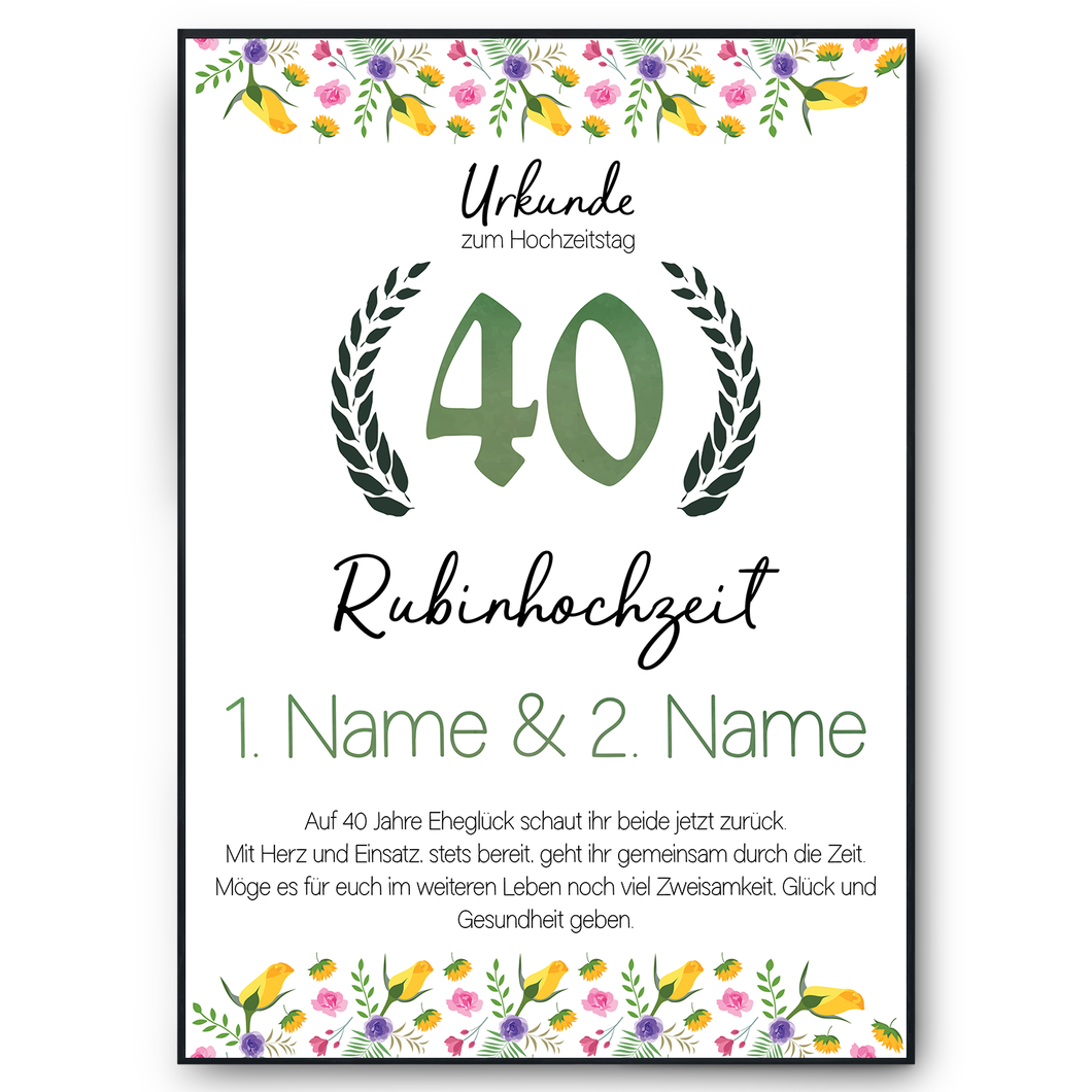 40. Hochzeitstag personalisiertes Geschenk Urkunde zur Rubinhochzeit Deko