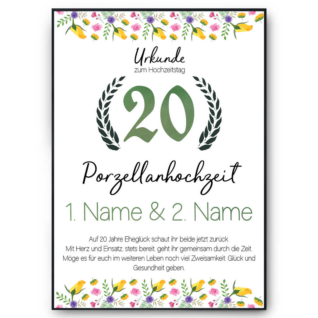 Porzellanhochzeit Urkunde mit Namen – Geschenk zum 20. Hochzeitstag, personalisiert