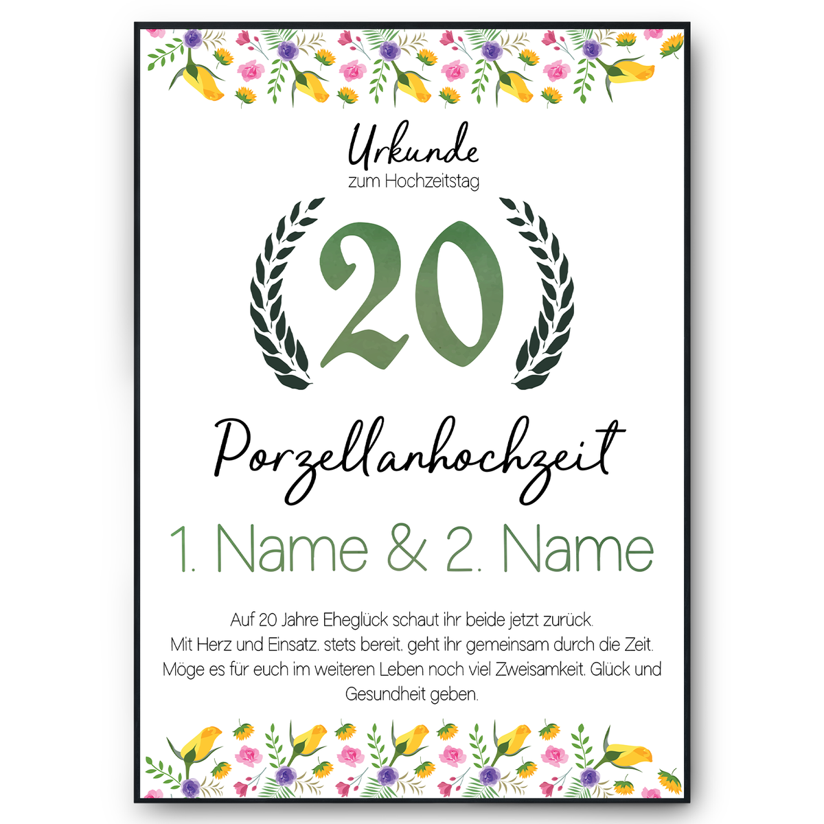 Porzellanhochzeit Urkunde mit Namen – Geschenk zum 20. Hochzeitstag, personalisiert