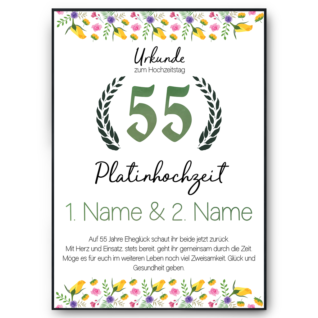 55. Hochzeitstag personalisiertes Geschenk Urkunde zur Platinhochzeit Deko
