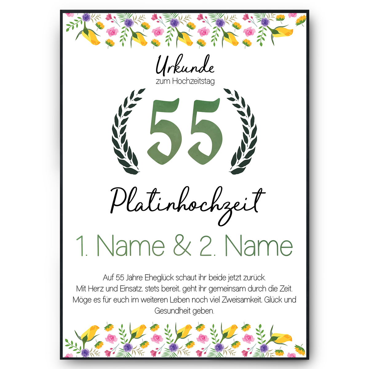 55. Hochzeitstag personalisiertes Geschenk Urkunde zur Platinhochzeit Deko