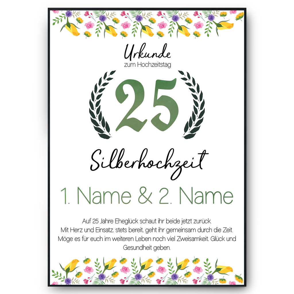 Silberhochzeit Urkunde mit Namen – Geschenk zum 25. Hochzeitstag, personalisiert