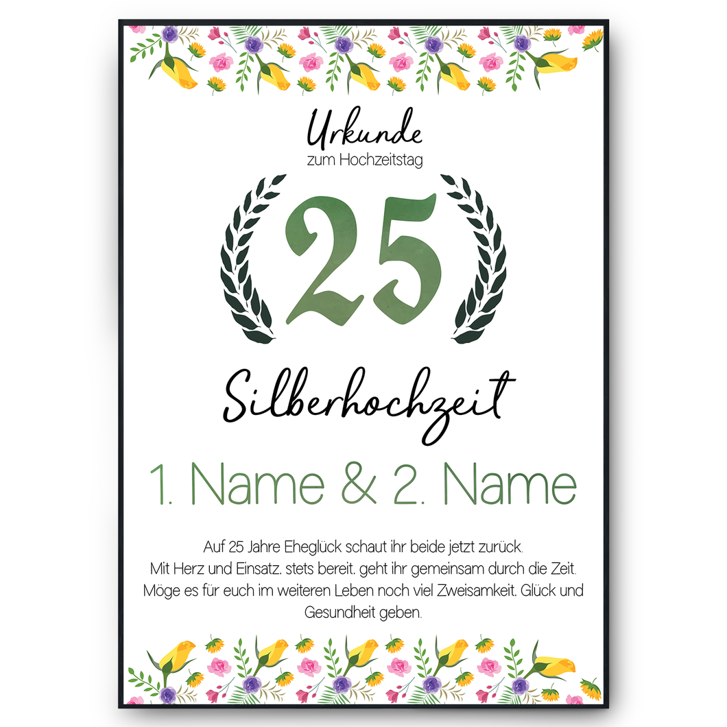 25. Hochzeitstag personalisiertes Geschenk Urkunde zur Silberhochzeit Deko