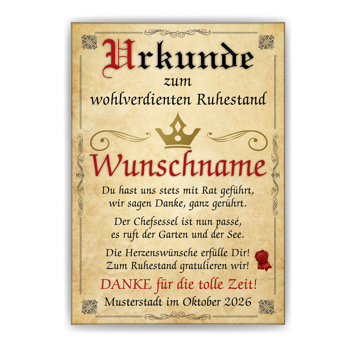 Ruhestand Urkunde Chef ohne Rahmen