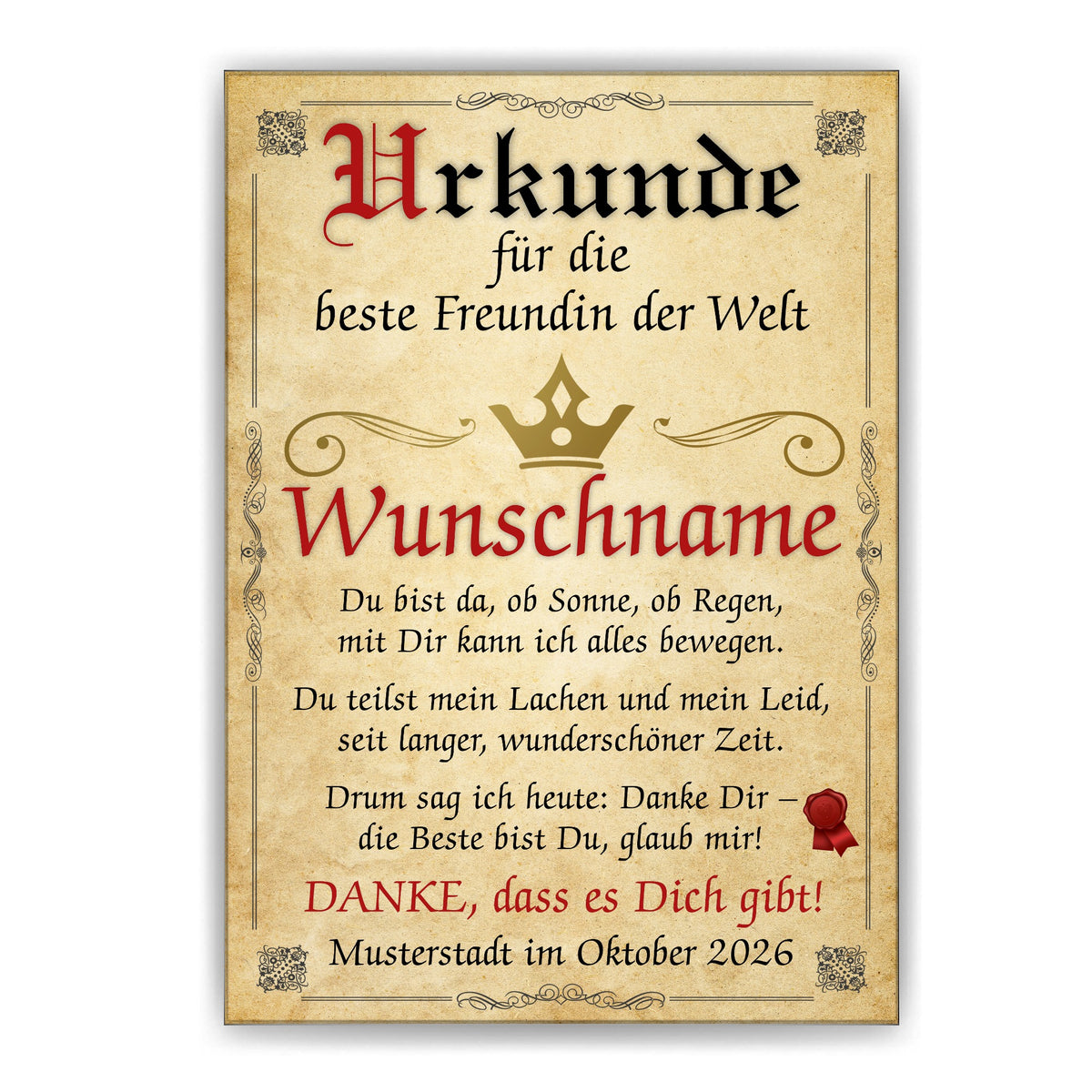 Urkunde beste Freundin ohne Rahmen
