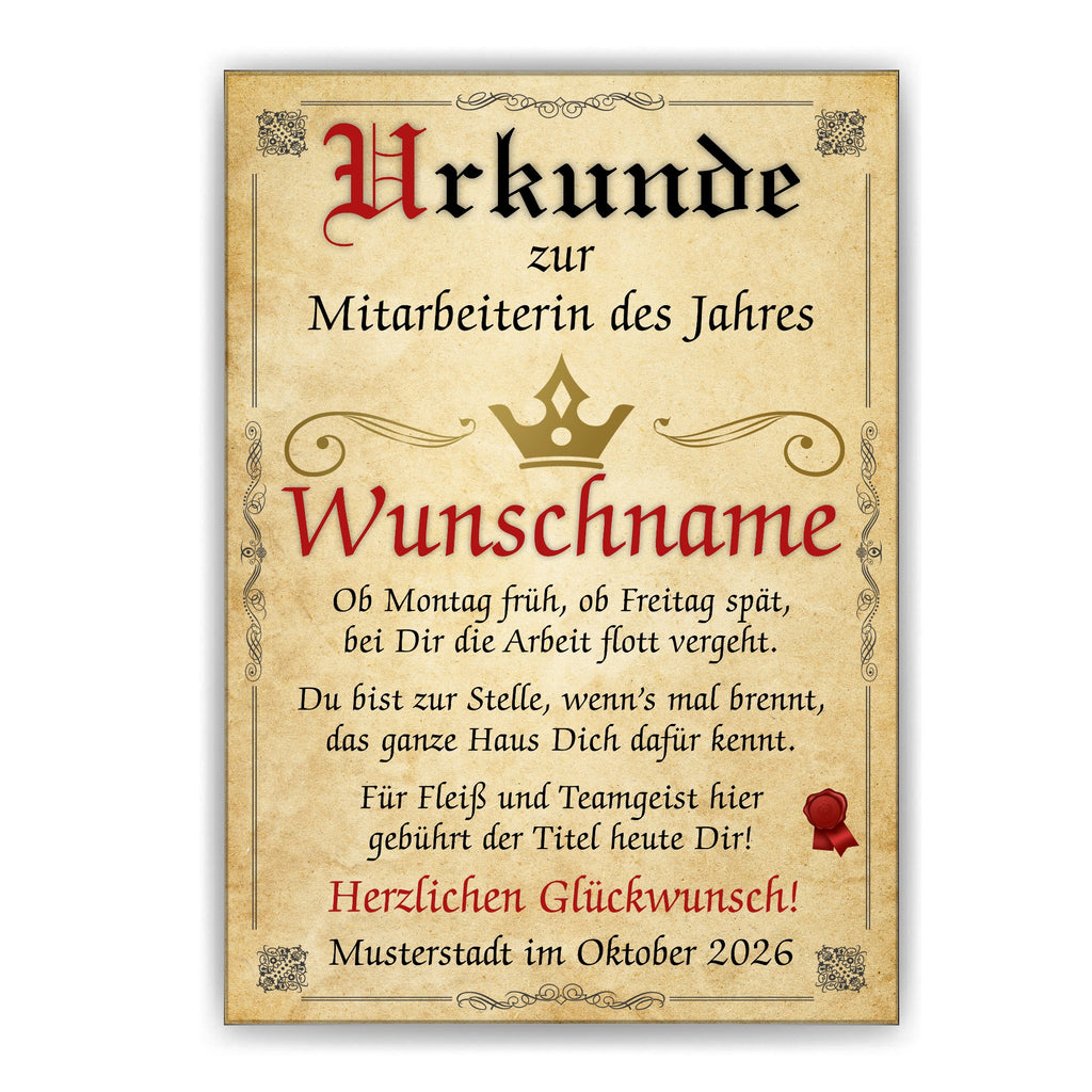 Urkunde Mitarbeiterin des Jahres ohne Rahmen