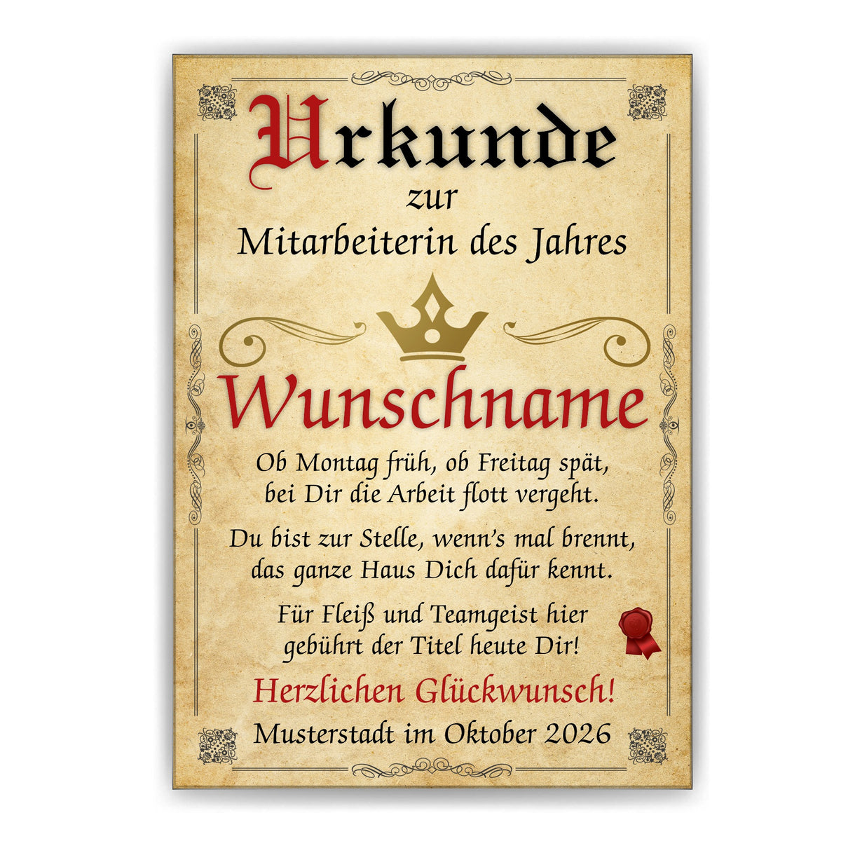 Urkunde Mitarbeiterin des Jahres ohne Rahmen
