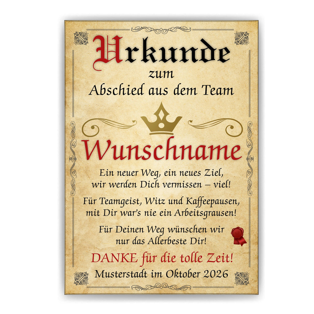 Abschied Urkunde Kollegen ohne Rahmen