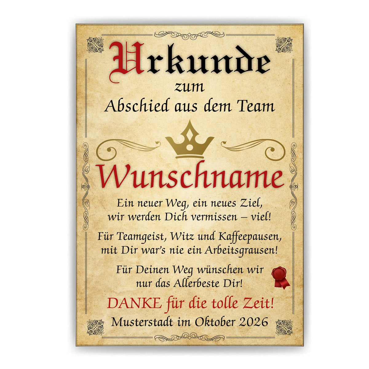 Abschied Urkunde Kollegen ohne Rahmen