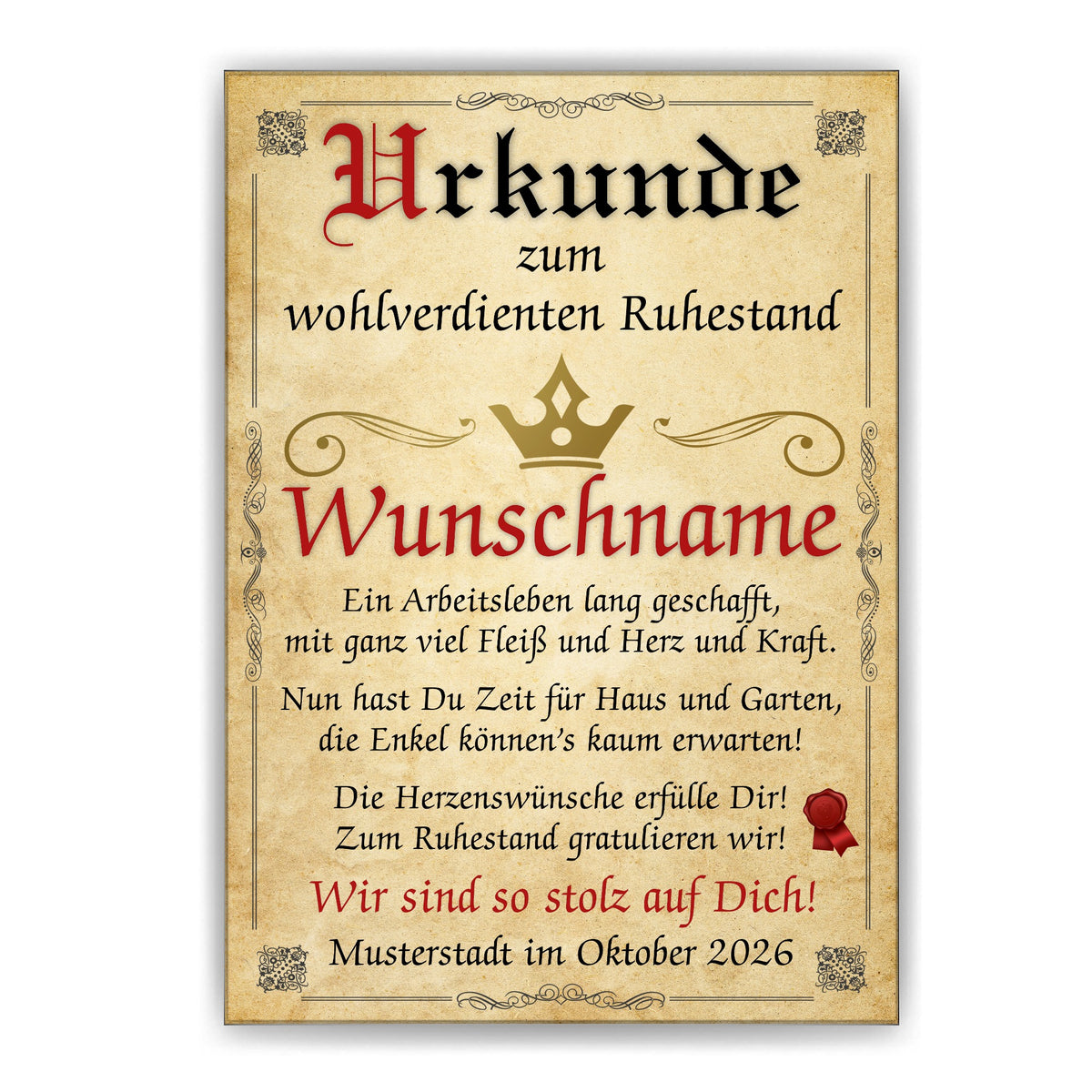 Ruhestand Urkunde Familie ohne Rahmen