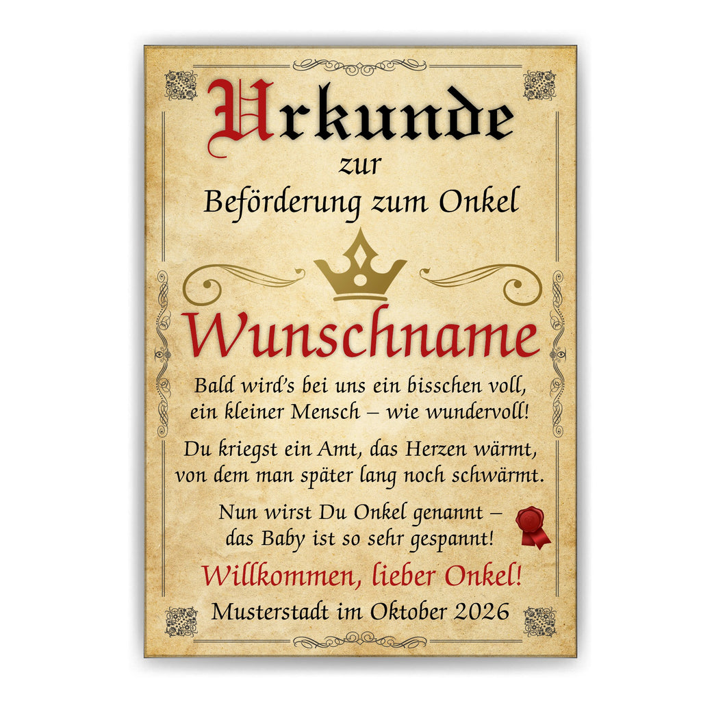 Urkunde Beförderung zum Onkel ohne Rahmen