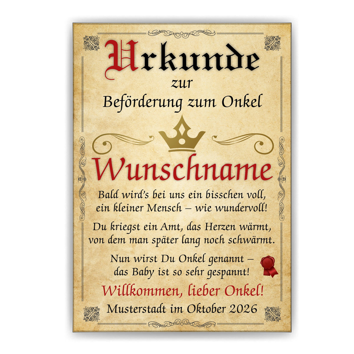 Urkunde Beförderung zum Onkel ohne Rahmen