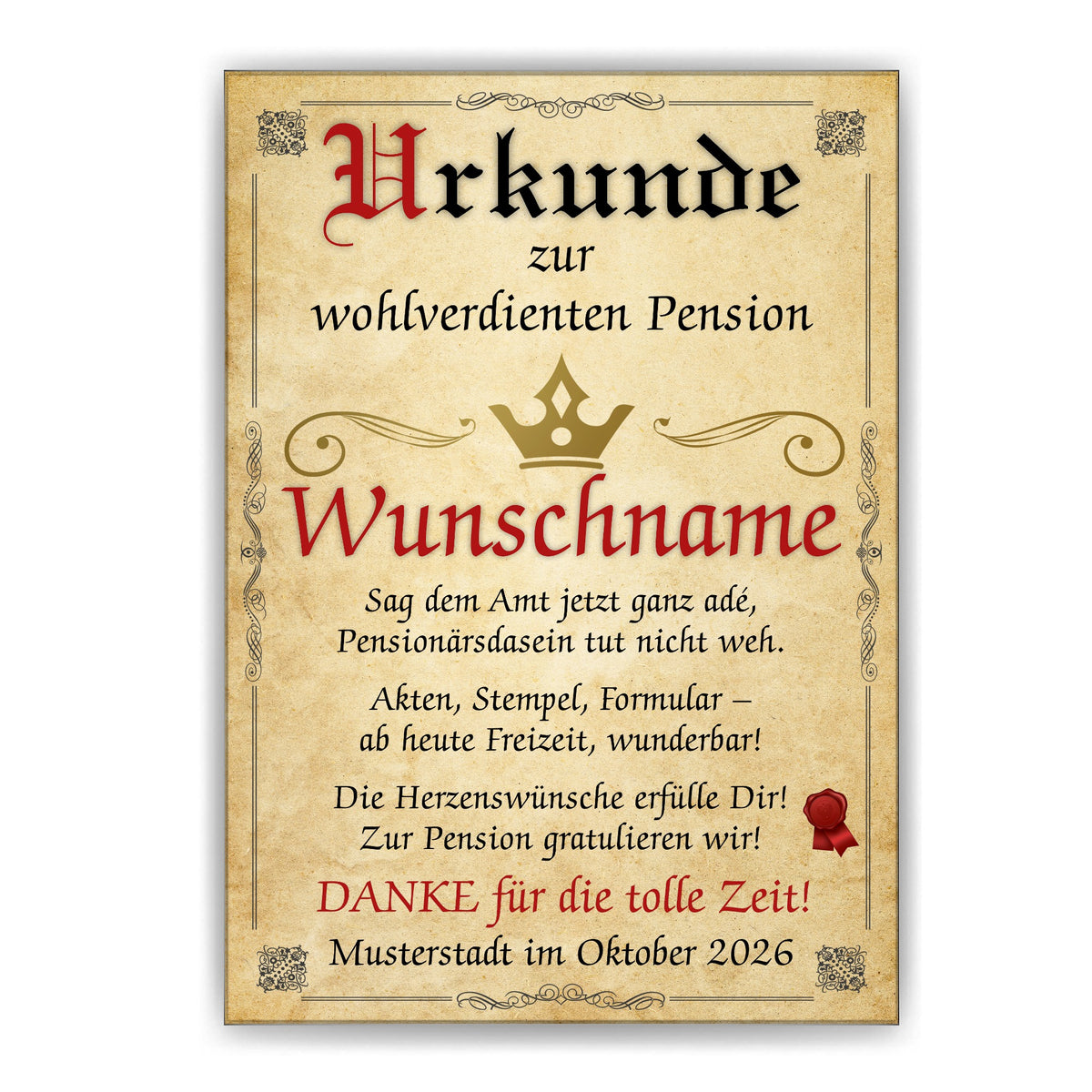 Pension Urkunde ohne Rahmen