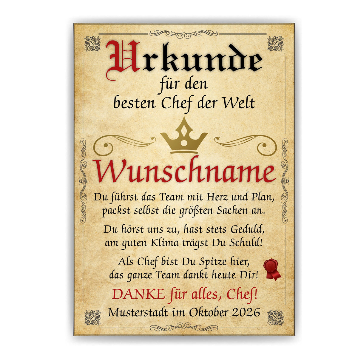 Urkunde bester Chef ohne Rahmen