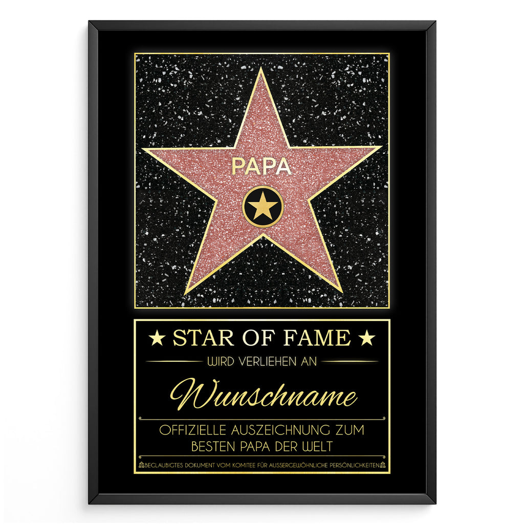 Papa Star of Fame Urkunde mit Wunschname im schwarzen Rahmen