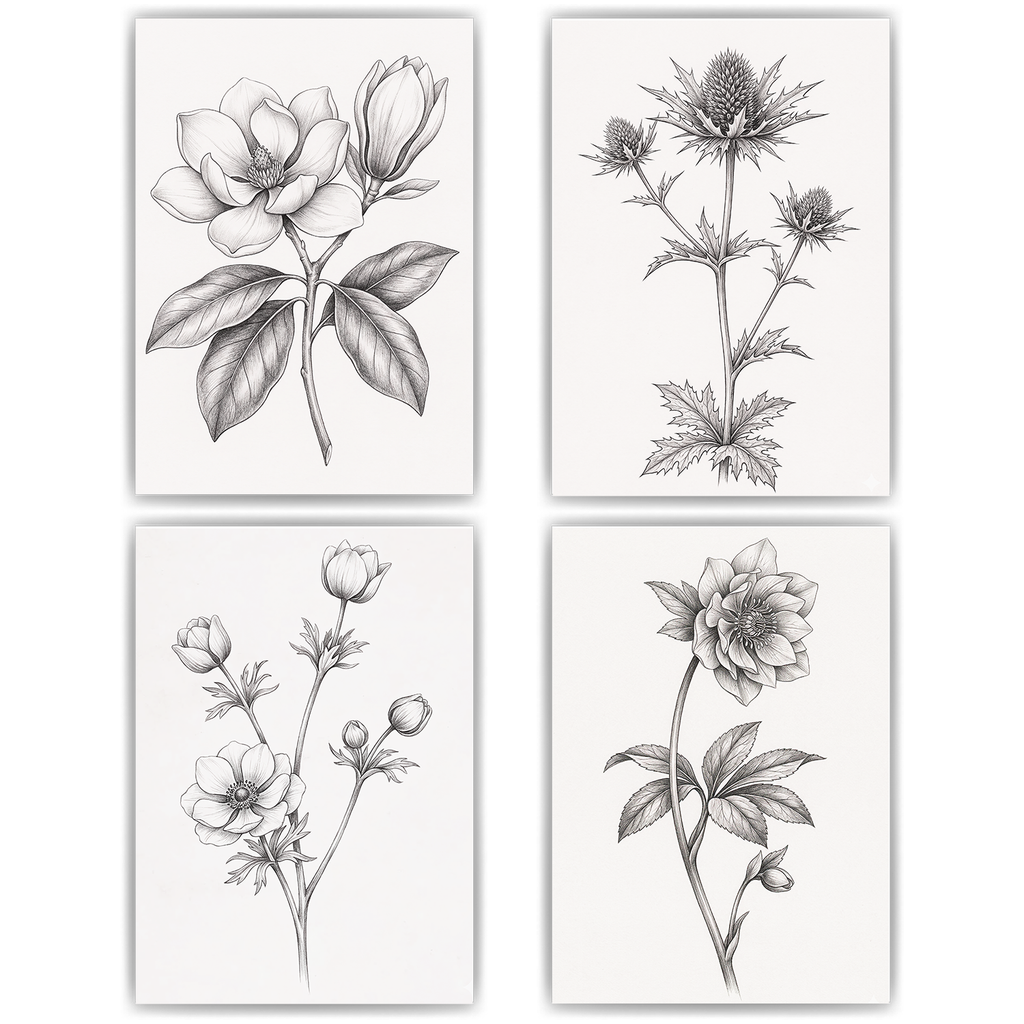Botanische Poster 4er Set Schwarz Weiß Blumen Vintage Wandbilder