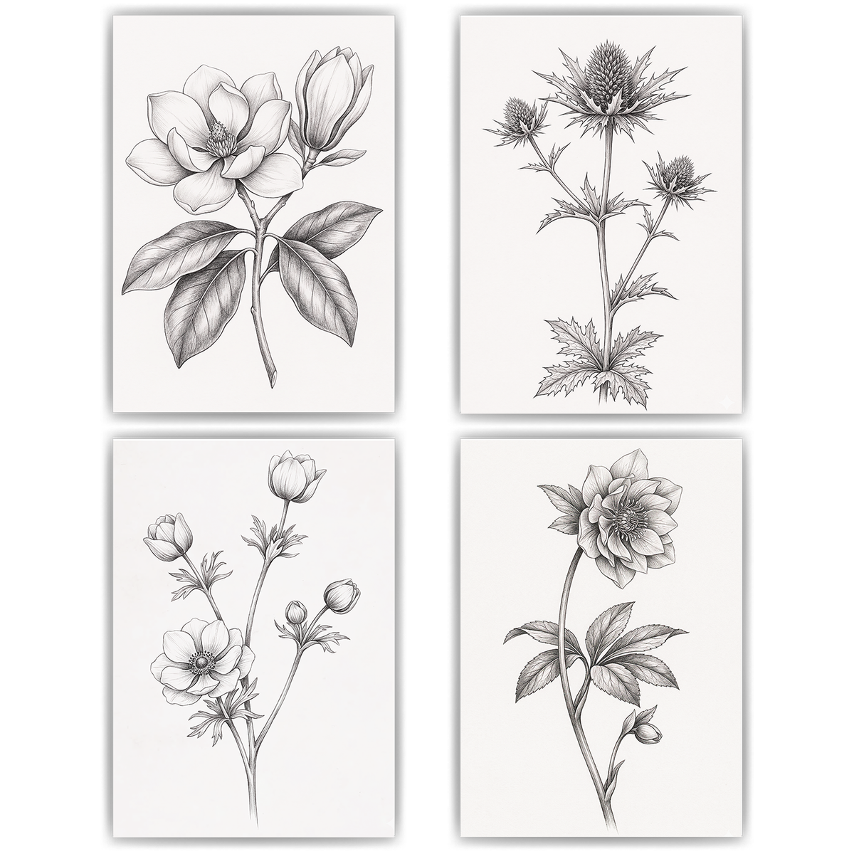 Botanische Poster 4er Set Schwarz Weiß Blumen Vintage Wandbilder