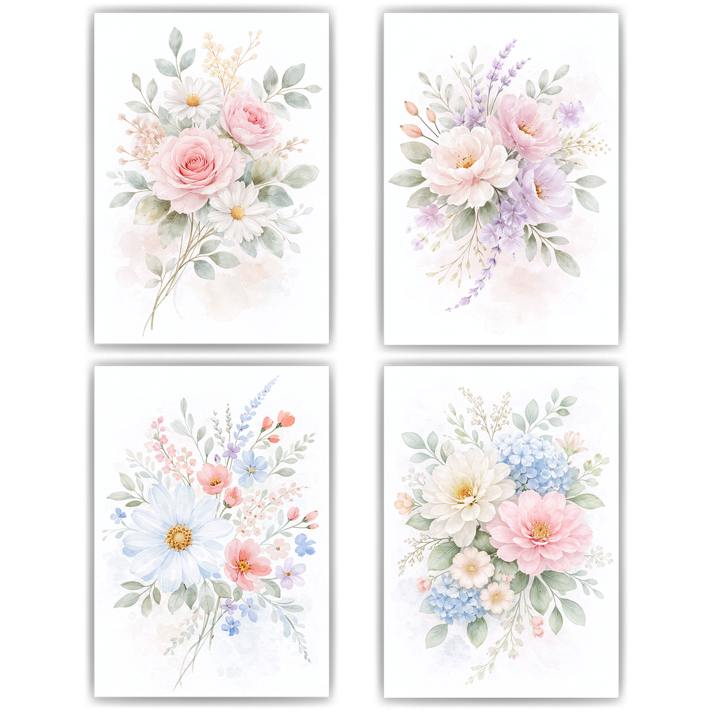 Blumen Poster 4er Set Aquarell Rosen Pastell Botanische Wandbilder