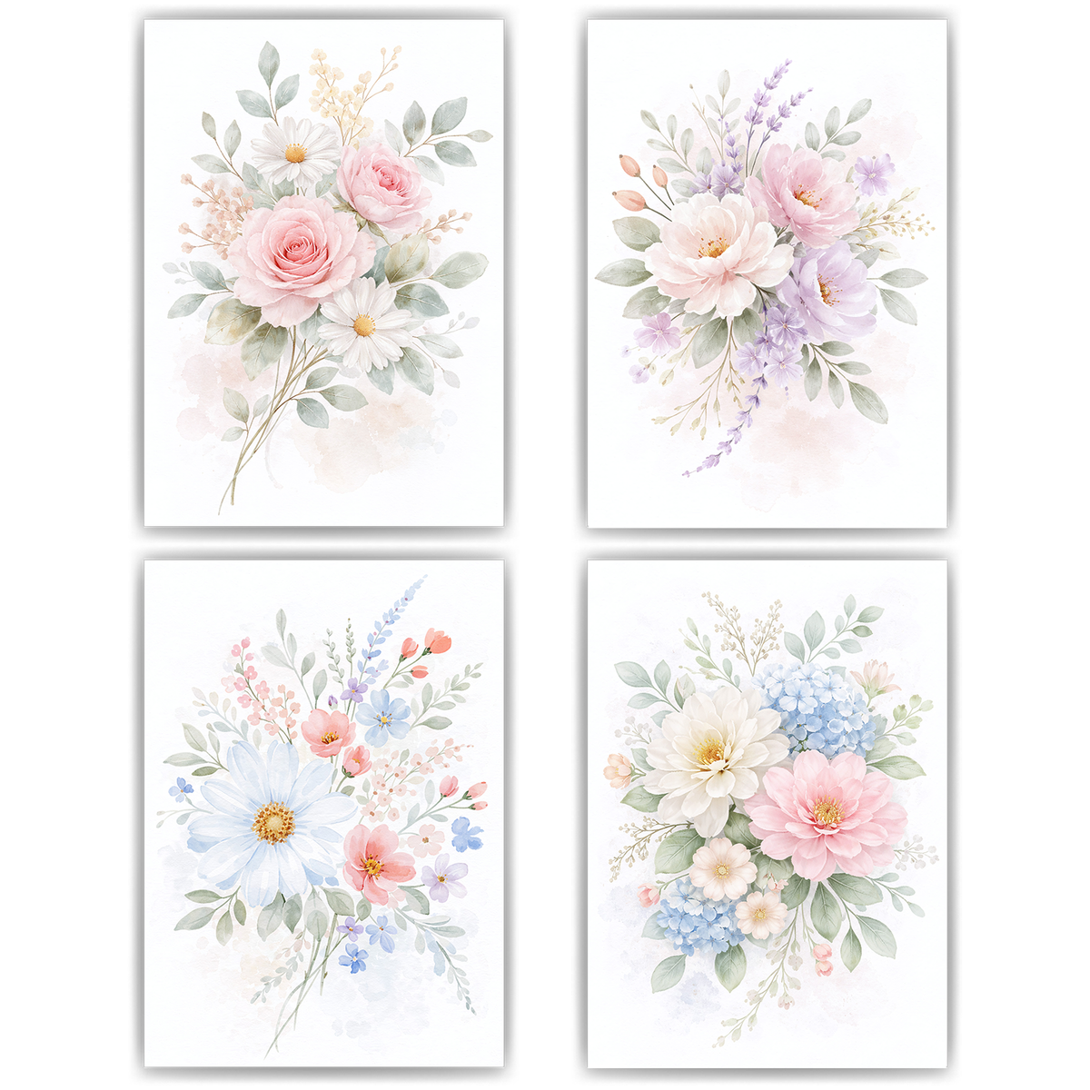 Blumen Poster 4er Set Aquarell Rosen Pastell Botanische Wandbilder