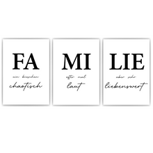 Laden Sie das Bild in den Galerie-Viewer, Familie Poster 3er Set Spruch Wandbilder Schwarz Weiß Wohnzimmer
