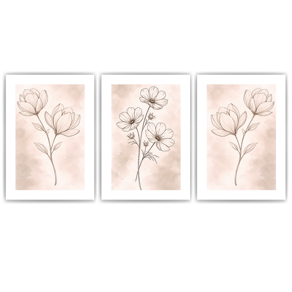 Magnolie Poster 3er Set Beige Boho Botanische Blumen Wandbilder