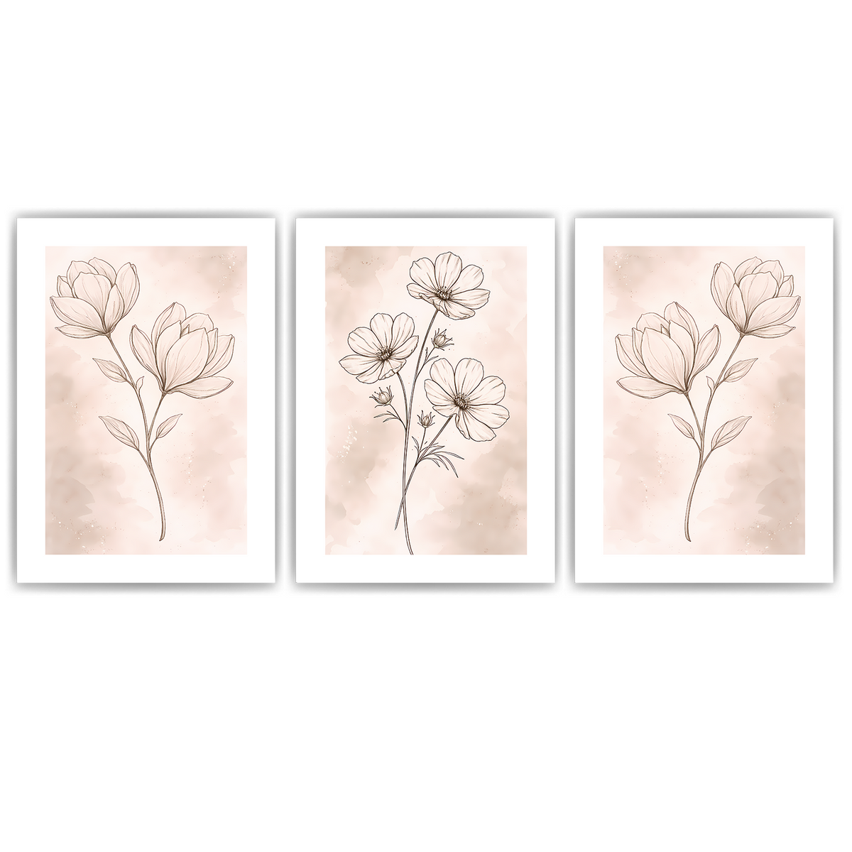 Magnolie Poster 3er Set Beige Boho Botanische Blumen Wandbilder