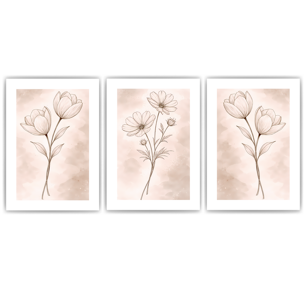 Magnolie Wandbilder 3er Set Beige Boho Blumen Poster Modern