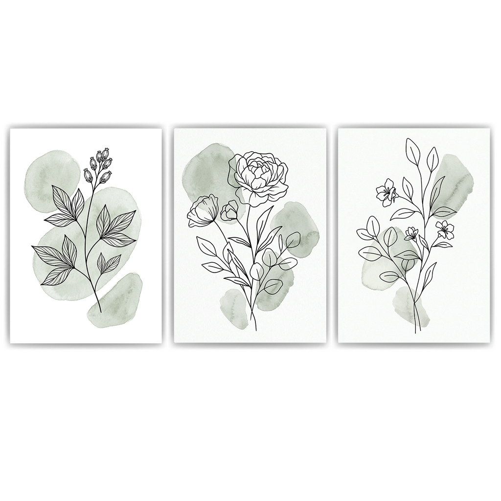 Botanische Poster 3er Set Salbeigrün Blumen Line Art Wandbilder