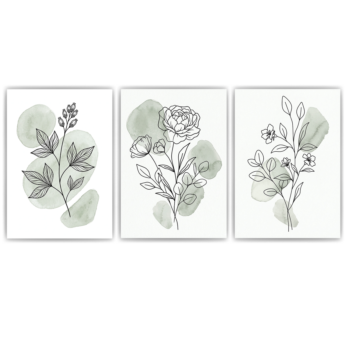 Botanische Poster 3er Set Salbeigrün Blumen Line Art Wandbilder