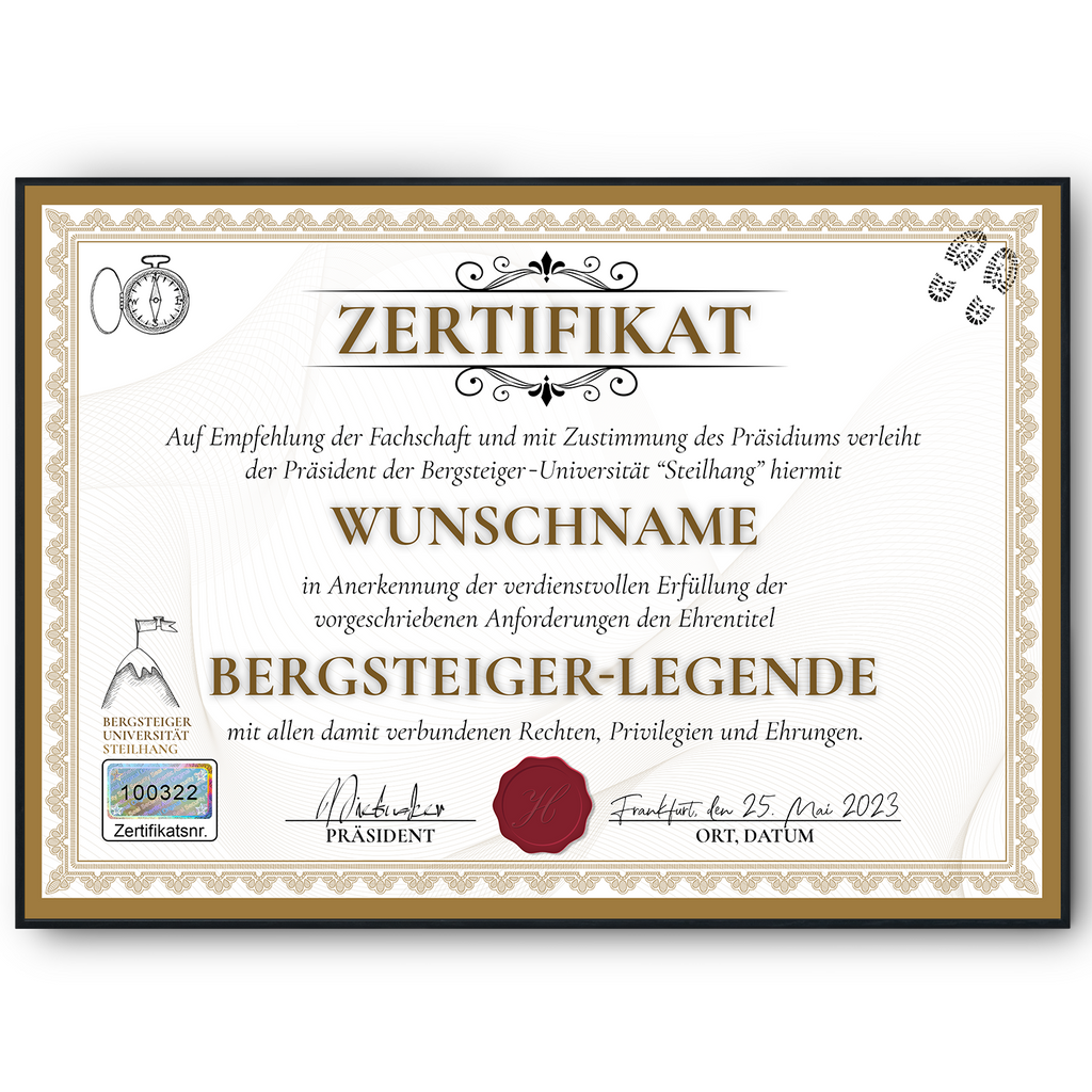 Lustiges Bergsteiger Geschenk personalisiert Geburtstag Poster Zertifikat Bergsteigen Geschenkidee für Bergsteiger