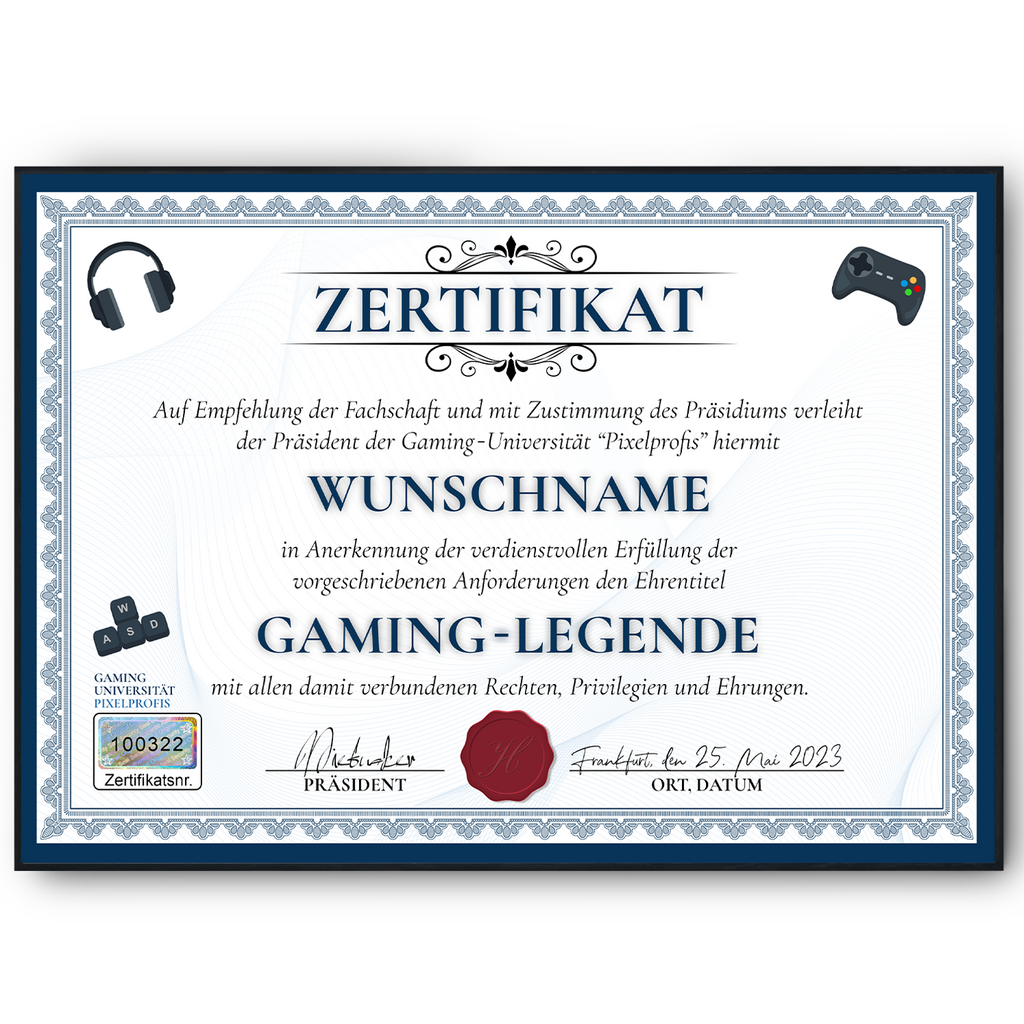 Lustiges Gamer Geschenk personalisiert Geburtstag Zocker Poster Zertifikat Gaming Geschenkidee für Zocker