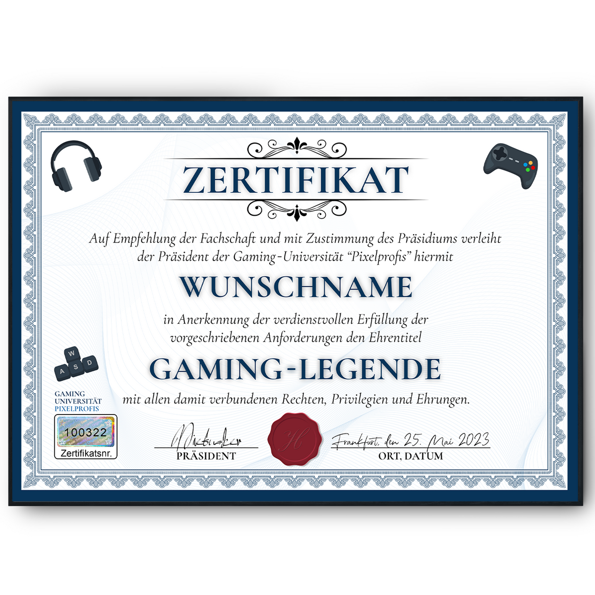 Lustiges Gamer Geschenk personalisiert Geburtstag Zocker Poster Zertifikat Gaming Geschenkidee für Zocker