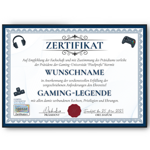 Lustiges Gamer Geschenk personalisiert Geburtstag Zocker Poster Zertifikat Gaming Geschenkidee für Zocker