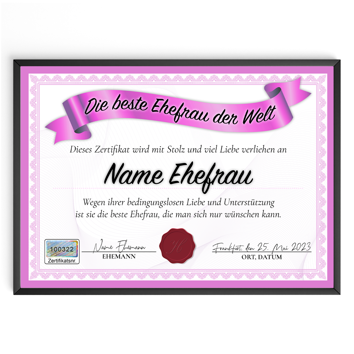 Beste Ehefrau Geschenk personalisiert Geburtstag Poster Zertifikat Urkunde Ehefrau personalisierte Geschenkidee Valentinstag Weihnachten