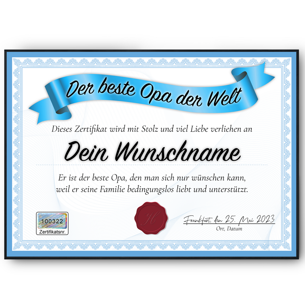Bester Opa Geschenk personalisiert Geburtstag Poster Zertifikat Urkunde Großvater personalisierte Geschenkidee