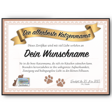 Laden Sie das Bild in den Galerie-Viewer, Katzenmama Geschenk personalisiert Poster Zertifikat Katzenliebhaber Urkunde Katzenmama Geschenk personalisiert Katzenbesitzer
